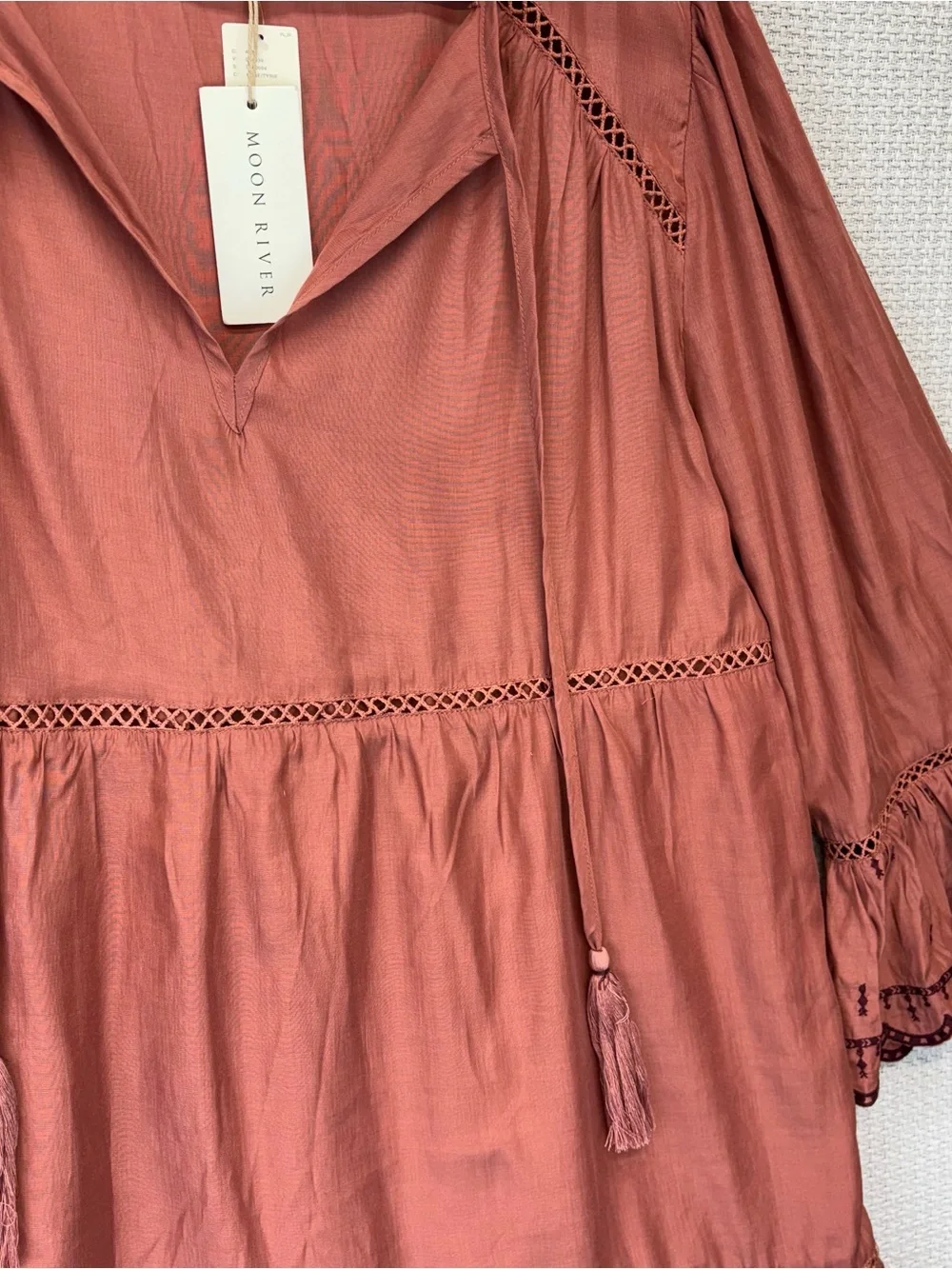 NWT Moon River Anthropologie Pink Mini Tunic Dress Med Boho Bell Sleeve Cottage - Picture 7 of 13